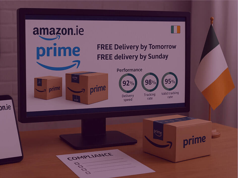 An Irish flag on a desk next to a computer screen displaying the new delivery rules on Amazon.ie.