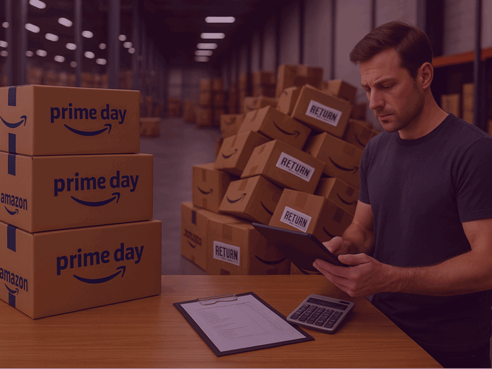 Man in an Amazon warehouse inspecting returned Prime Day parcels.