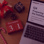 Laptop displaying Amazon Seller Central Q4 2025 holiday planning guide with December 31 calendar block, gifts, and Christmas decorations.