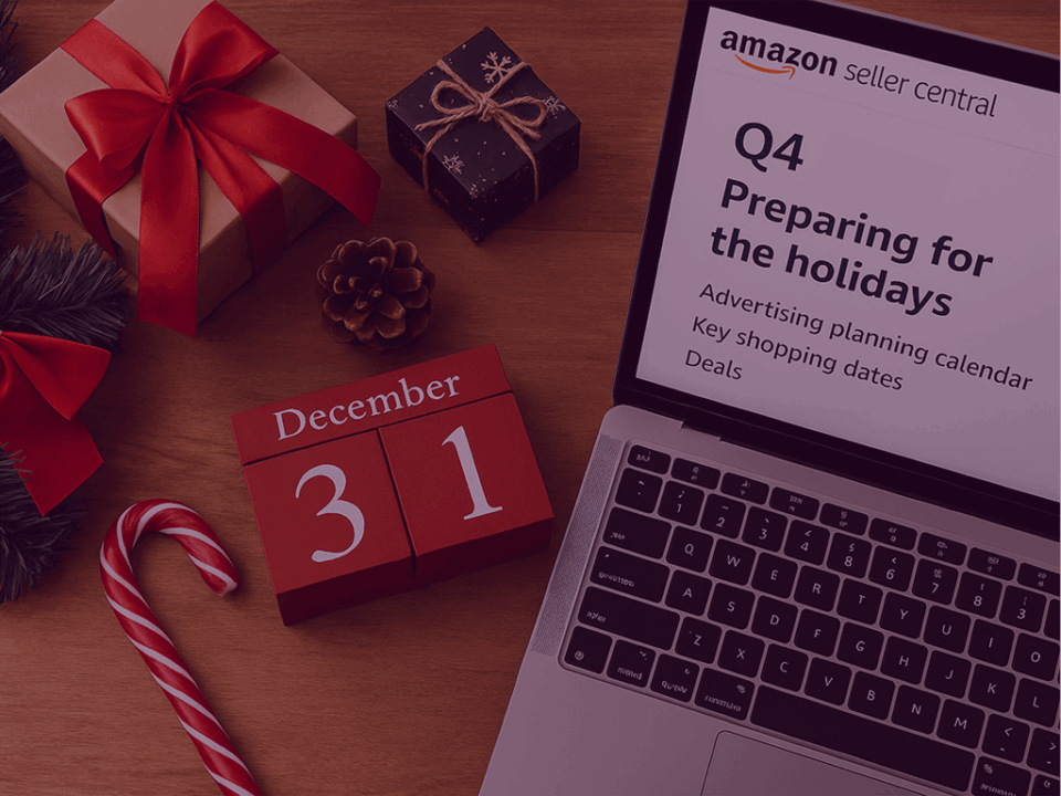 Laptop displaying Amazon Seller Central Q4 2025 holiday planning guide with December 31 calendar block, gifts, and Christmas decorations.