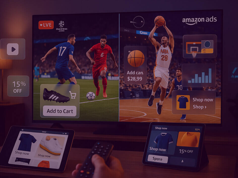 Amazon Ads Live Sport Shoppable Experience – Venture Forge - Venture Forge Amazon Ads turning live sport into a shoppable experience, showing on-screen product ads during a football and basketball broadcast.