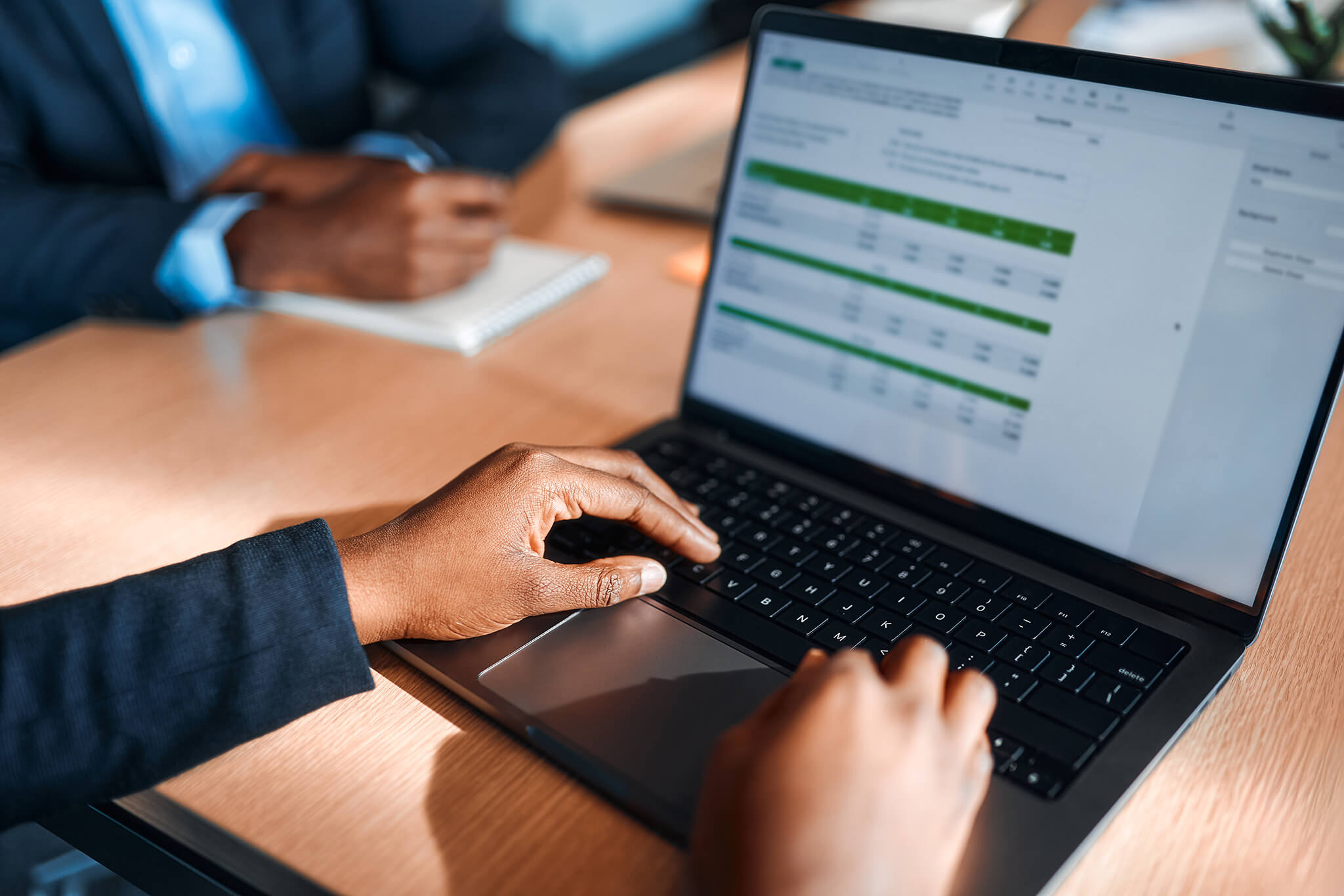 Close-up of a person analysing financial spreadsheets on a laptop during a business meeting.