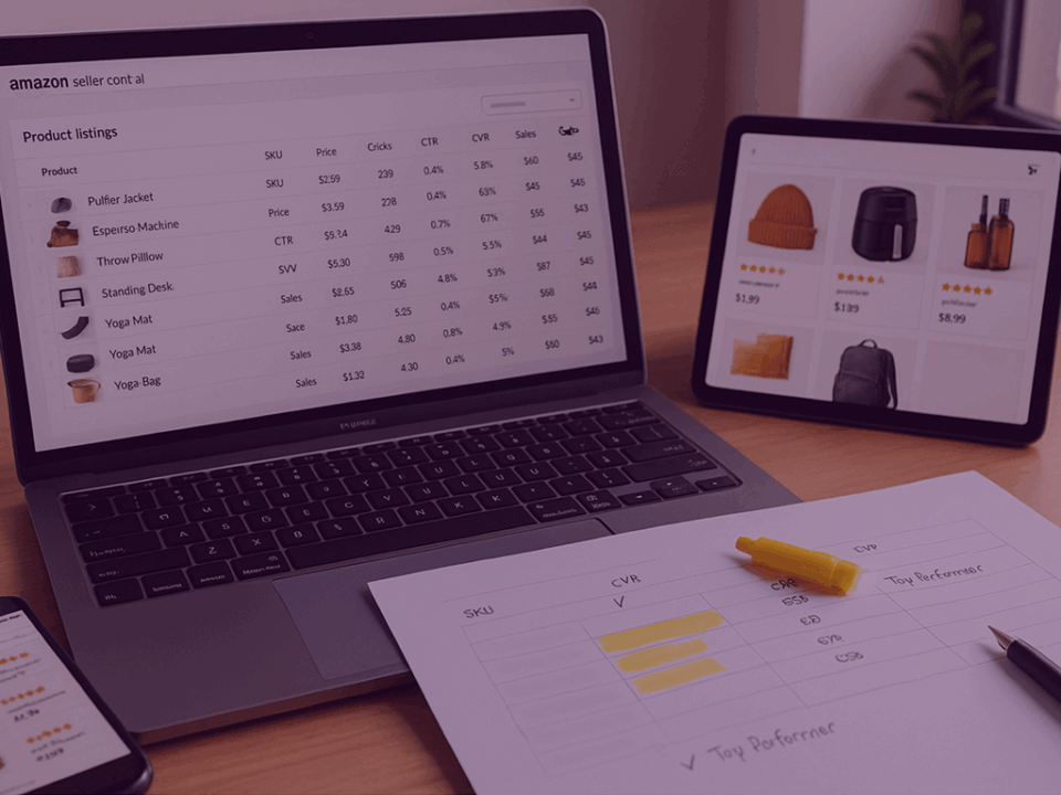 Amazon Ads ASIN Optimisation – Venture Forge - Venture Forge Laptop showing Amazon product performance data and highlighted ASINs representing ad optimisation through better product selection.