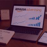 Amazon Q4 Advertising Strategy – Venture Forge - Venture Forge Laptop showing Amazon Advertising dashboards with Q4 campaign strategy notes on CPC, ACOS, and campaign structure.