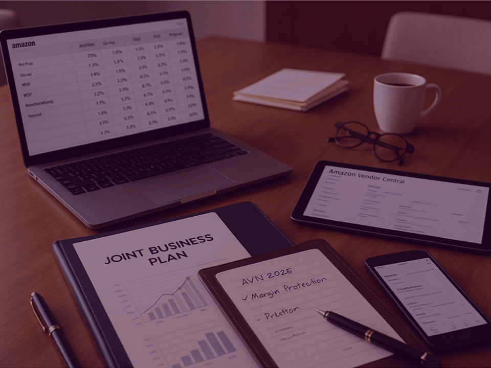 Amazon Vendor Negotiation Strategy Planning – Venture Forge - Venture Forge Laptop and tablet displaying Amazon Vendor Central dashboards with joint business planning documents and performance data.