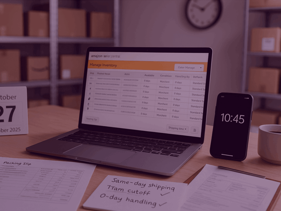 Amazon Seller Central 0-Day Handling Time – Venture Forge Blog - Venture Forge Laptop displaying Amazon Seller Central’s Manage Inventory screen with notes about same-day shipping and 0-day handling times.