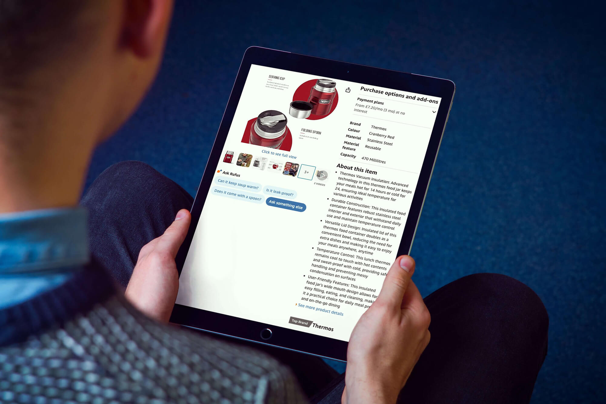 Person holding a tablet displaying an Amazon product page, representing Venture Forge’s Conversion Optimisation service to improve listings and conversion rates.