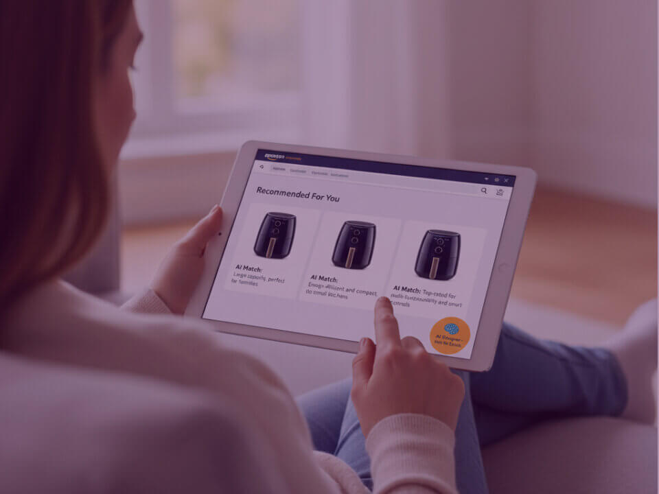 Team member reviewing product listings and performance data on a tablet in a modern office setting.