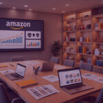 Amazon brand licensing meeting room with product displays, performance charts and laptops showing listing content and portfolio data.
