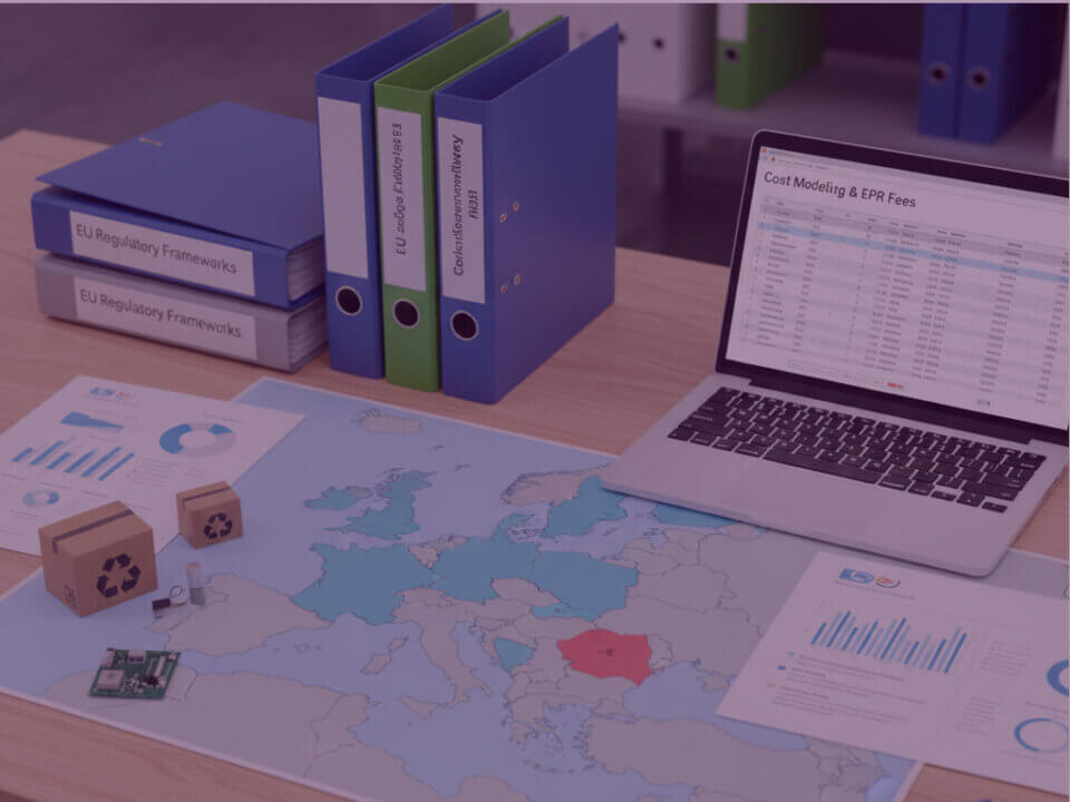 Desk with map of Europe, binders and a laptop showing cost data, representing Amazon EPR compliance planning.