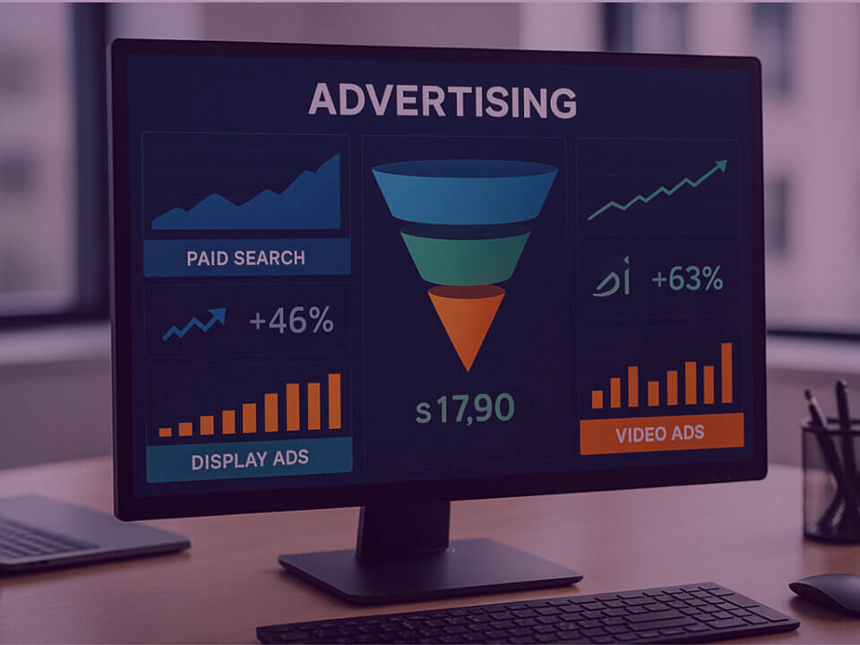 Advertising performance dashboard on a desktop monitor showing multiple ad channels and a funnel chart in a modern office.