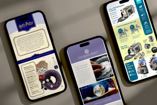 Mobile-first Amazon product content displayed on smartphones, showcasing Venture Forge’s Content Lab service.