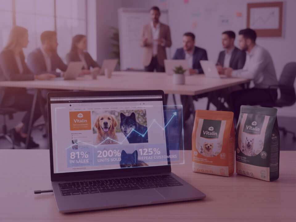 Cranswick 81% Amazon growth Vitalin case study image - Venture Forge Laptop showing Vitalin dog food Amazon results with 81% sales growth, 200% more units and 125% more repeat customers in a team meeting room.