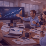 Team celebrating Amazon growth results on an analytics dashboard, showcasing Amazon success stories from 2025.