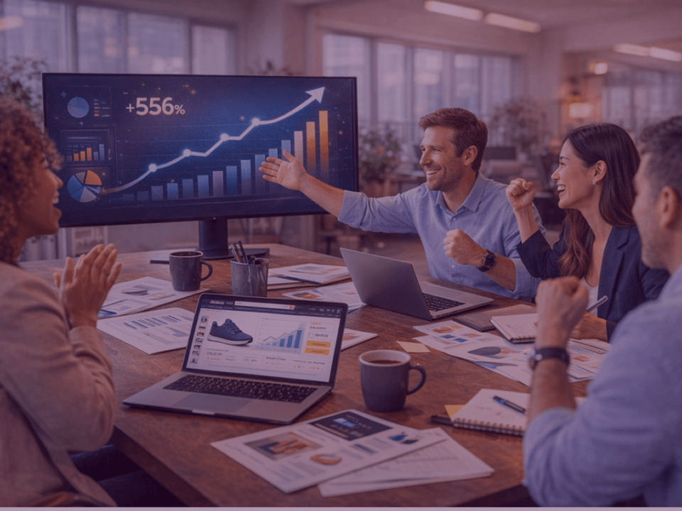 Team celebrating Amazon growth results on an analytics dashboard, showcasing Amazon success stories from 2025.