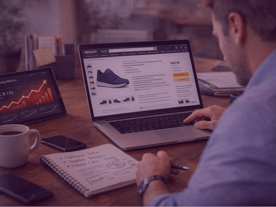 Marketer reviewing an Amazon Product Detail Page and CPC performance metrics to improve ad efficiency.