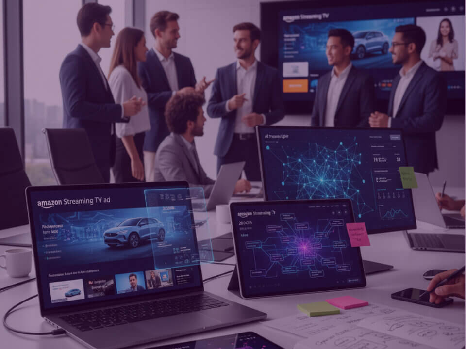 Team reviewing Amazon Ads dashboards on multiple screens, showing streaming TV creatives, audience data and AI optimisation insights in a modern office.