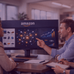 Amazon team reviewing Amazon AI dashboard with product recommendations and performance charts.