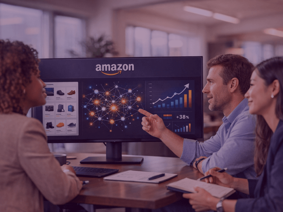 Amazon team reviewing Amazon AI dashboard with product recommendations and performance charts.