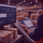 Logistics professional reviewing Amazon vendor shipment data on a tablet in a warehouse with organised packages ready for dispatch