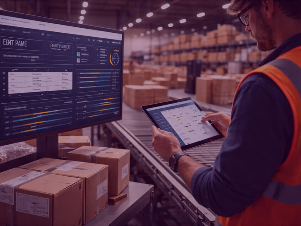 Logistics professional reviewing Amazon vendor shipment data on a tablet in a warehouse with organised packages ready for dispatch