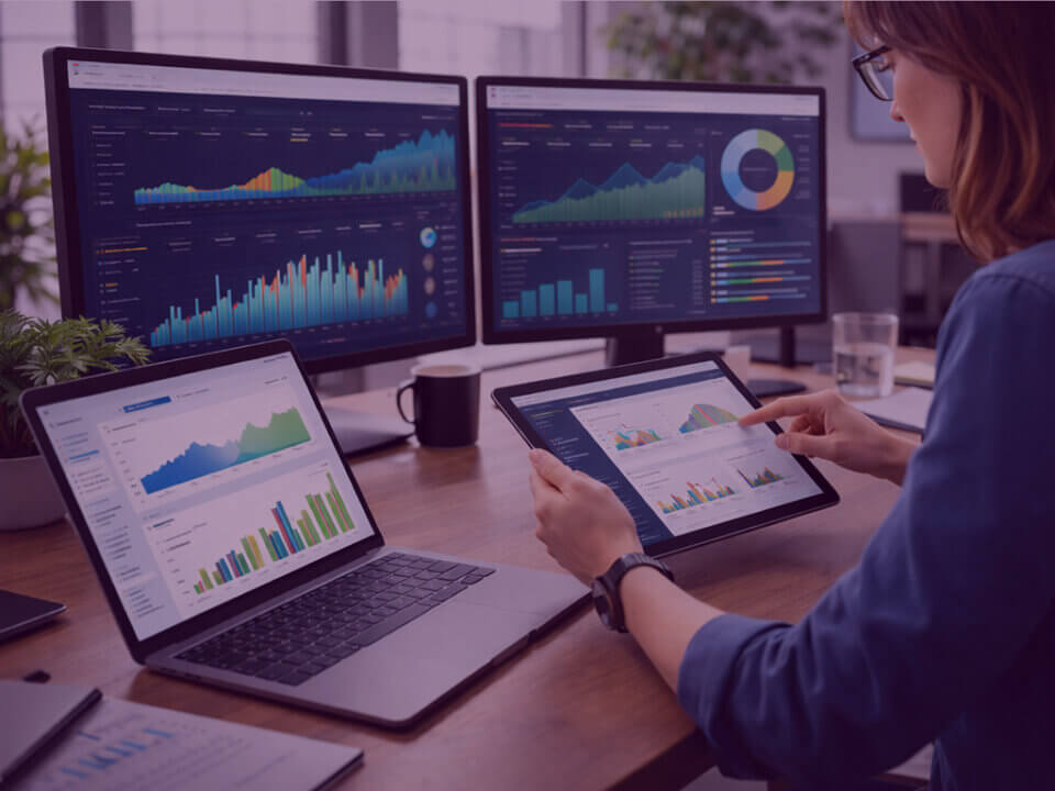 Marketing professional analysing Amazon Ads performance dashboards on multiple screens using a tablet in a modern office workspace