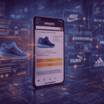 Agentic AI shopping automation showing Amazon app, product analysis overlays, and connected brand platforms in a digital workspace