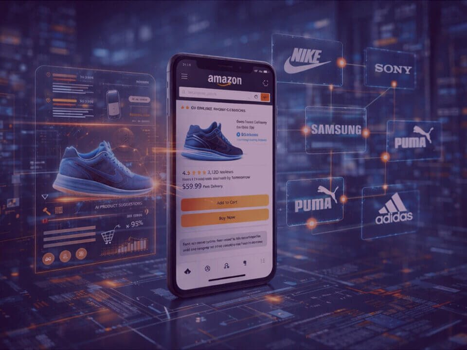 Agentic AI shopping automation showing Amazon app, product analysis overlays, and connected brand platforms in a digital workspace