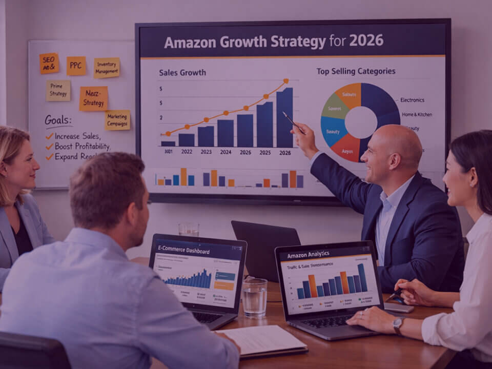 Amazon strategy meeting showing team reviewing sales data and growth plans for 2026 on analytics dashboards