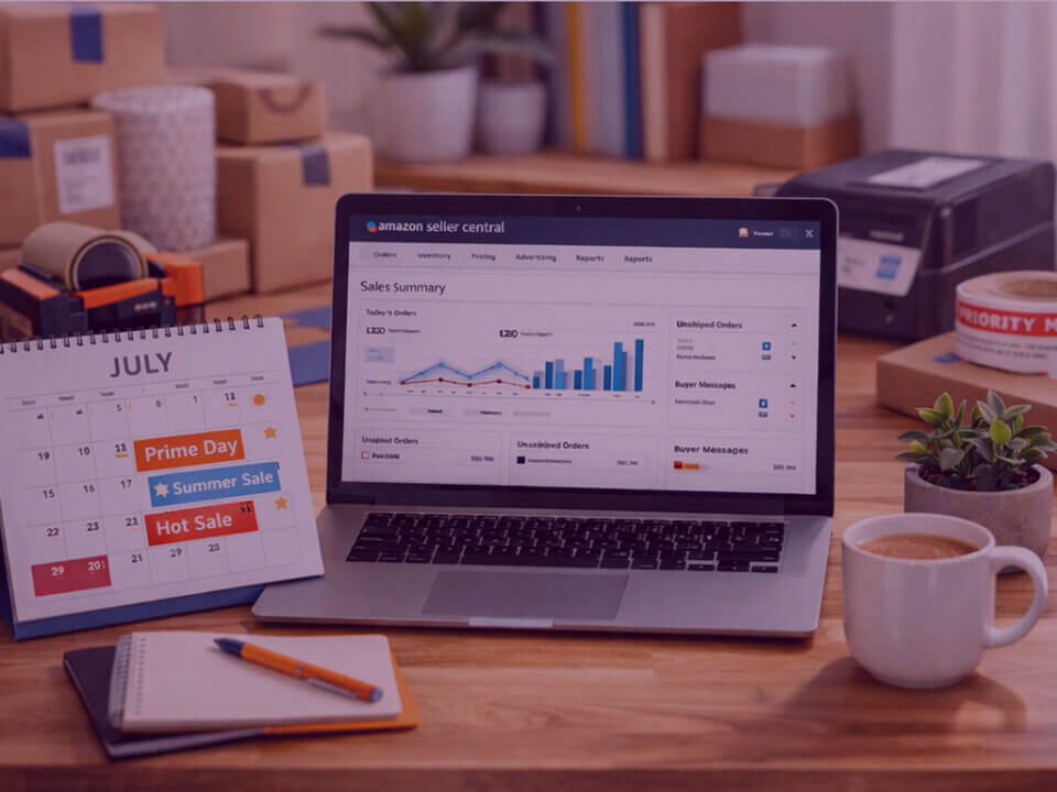 Amazon FBM seller managing peak season orders on laptop with fulfilment supplies and July Prime Day calendar
