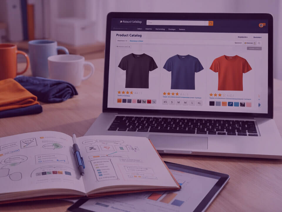 Amazon Vendor Central dashboard showing product variations and customer reviews on laptop with organised workspace and planning notes