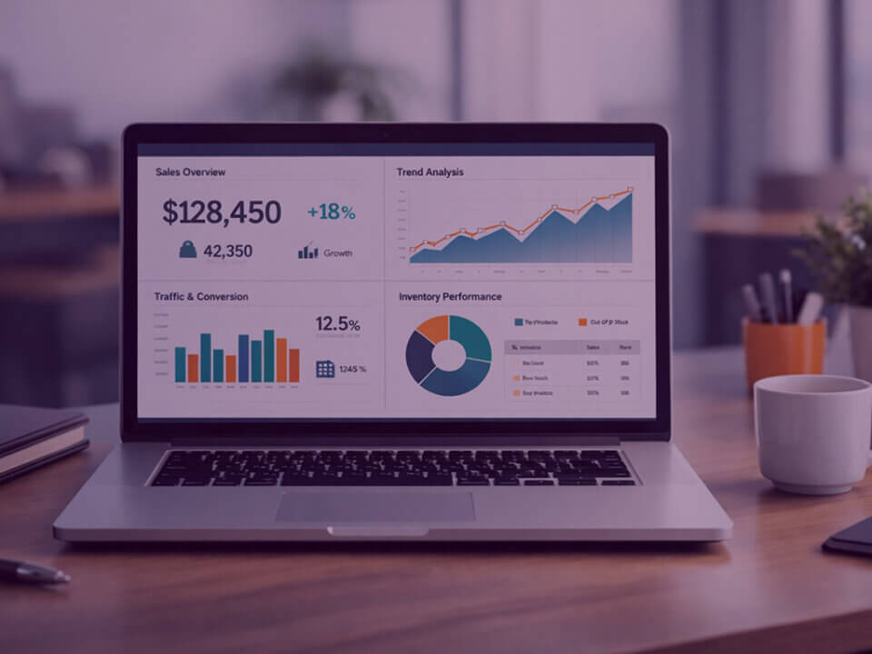 Laptop displaying Amazon advertising dashboard with performance metrics, charts, and campaign optimisation data analysis