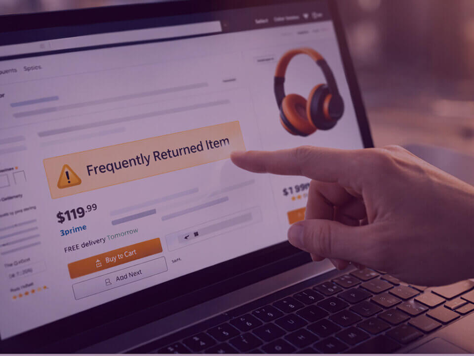 Ecommerce product page showing frequently returned item warning badge influencing customer purchase decision and confidence