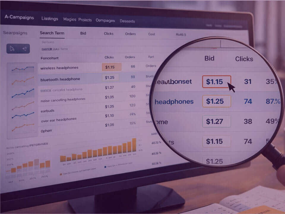 Advertising dashboard showing search terms, bid amounts, and performance metrics with magnified bid optimisation detail