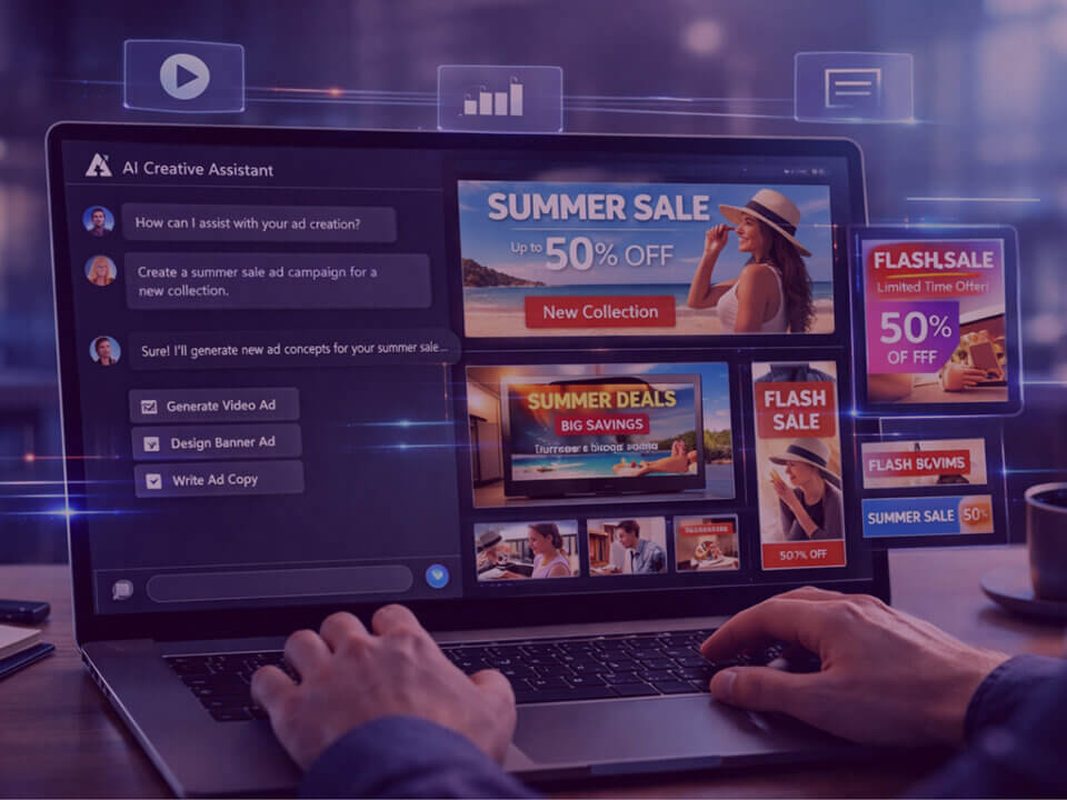 AI-powered advertising creative workspace generating video and display ads through an automated marketing assistant interface