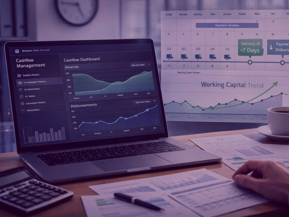 Amazon seller cashflow dashboard showing DD+7 payment delays and financial planning for working capital management