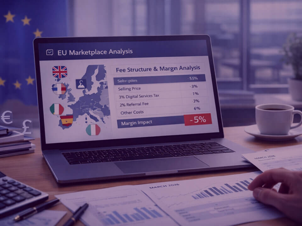 European marketplace financial dashboard analysing Amazon Digital Services Tax fee impact on cross-border seller margins.